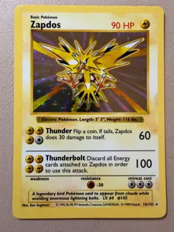 Pokemon TCG Zapdos Base Set 16/102 Holo Shadowless Holo Rare - Image 1