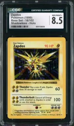 1999 Pokemon Base Set Unlimited Shadowless Zapdos Holo Rare 16/102 CGC 8.5 - Image 1