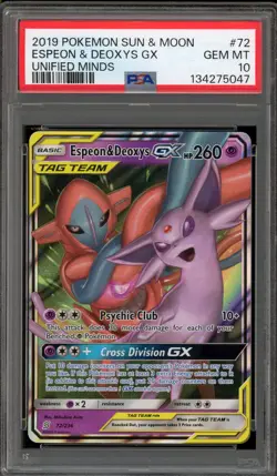 Pokemon Espeon & Deoxys GX Unified Minds Holo Ultra Rare #72 PSA 10 Gem Mint - Image 1