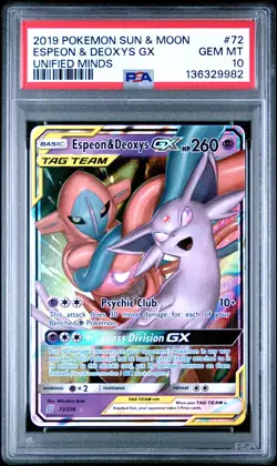 2019 POKEMON SUN & MOON UNIFIED MINDS #72 ESPEON & DEOXYS GX PSA 10 - Image 1