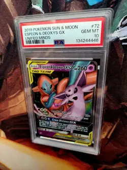 Pokemon TCG Espeon & Deoxys GX 72/236 Tag Team Unified Minds PSA 10 - Image 2