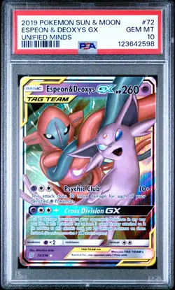 2019 POKEMON SUN & MOON UNIFIED MINDS #72 ESPEON & DEOXYS GX PSA 10 - Image 1