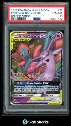 2019 POKEMON SM UNIFIED MINDS #72/236 ESPEON DEOXYS GX TAG TEAM HOLO PSA 10 - Image 1