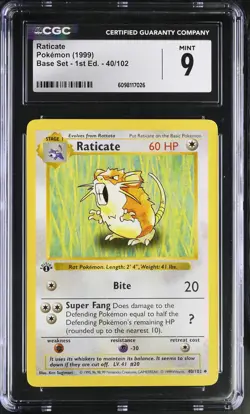 CGC 9 MINT Raticate 1999 Base Set 1st Edition Shadowless 40/102 Pokemon Card - Image 1