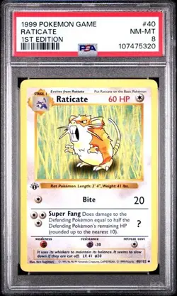 Raticate #40 - Pokemon Base Set Shadowless 1st Edition - PSA 8 - Image 1