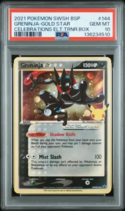 Pokemon Greninja Gold Star Celebrations ETB Black Star Holo Promo SWSH144 PSA 10 - Image 1