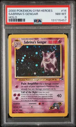 2000 Pokemon Gym Heroes #14 Sabrina's Gengar Holo Swirl PSA 8 - Image 1