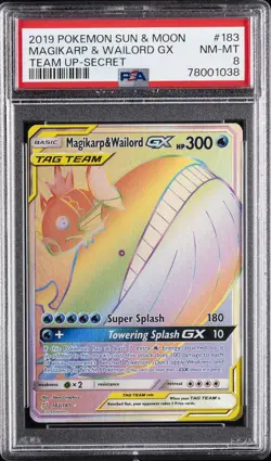 2019 POKEMON SUN & MOON TEAM UP SECRET #183 FULL ART/MAGIKARP & WAILORD GX PSA 8 - Image 1