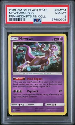 2019 POKEMON SM BLACK STAR PROMO HIDDEN FATES PIN COLL #SM214 MEWTWO-HOLO PSA 8 - Image 1