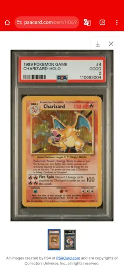 1999 POKEMON BASE SET UNLIMITED #4 CHARIZARD-HOLO PSA 2 - Image 1
