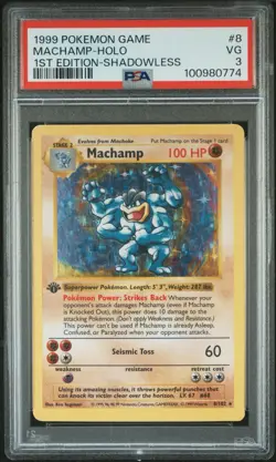 PSA 3 VG Machamp Shadowless #8/102 1st Edition Holo Base Set 1999 Pokemon WoTC - Image 1