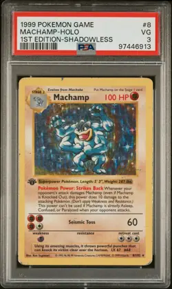 PSA 3 VG Machamp Shadowless #8/102 1st Edition Holo Base Set 1999 Pokemon WoTC - Image 1