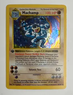 1999 WOTC POKEMON BASE SET SHADOWLESS 1ST EDITION MACHAMP 8/102 HOLO RARE MP B - Image 3