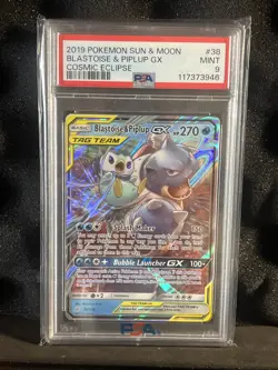 2019 POKEMON SUN & MOON COSMIC ECLIPSE #38 BLASTOISE & PIPLUP GX PSA 9 - Image 1
