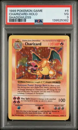 1999 POKEMON GAME SHADOWLESS #4 CHARIZARD-HOLO PSA 3 - Image 1