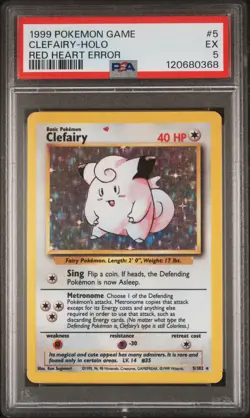 1999 POKEMON BASE SET UNLIMITED RED HEART ERR #5 CLEFAIRY-HOLO PSA 5 - Image 1