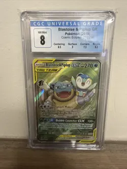2019 POKEMON SUN & MOON COSMIC ECLIPSE #215/236 BLASTOISE & PIPLUP GX CGC 8 - Image 1