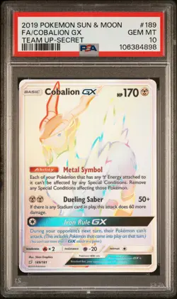 2019 POKEMON SUN & MOON TEAM UP SECRET #189 FULL ART/COBALION GX PSA 10 - Image 1