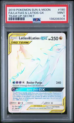 2019 POKEMON SUN & MOON TEAM UP SECRET #190 FULL ART/LATIAS & LATIOS GX PSA 9 - Image 1