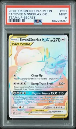 2019 POKEMON SUN & MOON TEAM UP SECRET #191 FULL ART/EEVEE & SNORLAX GX PSA 9 - Image 1