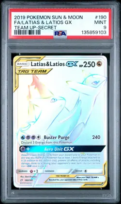 2019 POKEMON SUN & MOON TEAM UP SECRET #190 FULL ART/LATIAS & LATIOS GX PSA 9 - Image 1