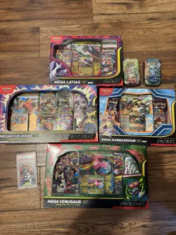 Lot of 4 Pokemon TCG Mega ex Collection Boxes Sealed 2 Tins 1 Psa Card - Image 1