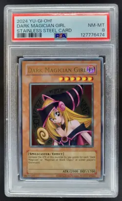2024 Yu-Gi-Oh! Dark Magician Girl Stainless Steel Card PSA 8 PT - Image 1