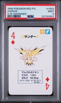 1996 POKEMON RED VERSION PLAYING CARDS 4 OF DIAMONDS #145A ZAPDOS PSA 9 - Image 1