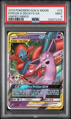 2019 POKEMON SUN & MOON UNIFIED MINDS #72 ESPEON & DEOXYS GX PSA 9 - Image 1