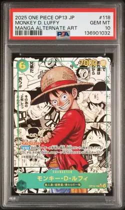 2025 ONE PIECE JAPANESE MANGA ALTERNATE ART OP13-118 MONKEY D. LUFFY PSA 10 - Image 1