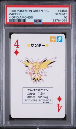 1996 POKEMON GREEN VERSION PLAYING CARDS 4 OF DIAMONDS #145A ZAPDOS PSA 10 - Image 1