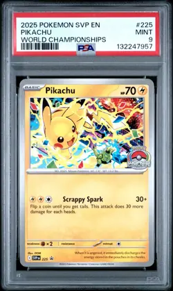 2025 POKEMON SVP EN-SV BLACK STAR PROMO WORLD CHAMPIONSHIPS #225 PIKACHU PSA 9 - Image 1