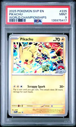 2025 POKEMON SVP EN-SV BLACK STAR PROMO WORLD CHAMPIONSHIPS #225 PIKACHU PSA 9 - Image 1