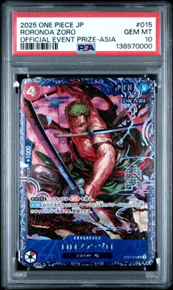 2025 ONE PIECE JPN PROMOS OFFICIAL EVENT PRIZE-ASIA #015 RORONOA ZORO PSA 10 - Image 1