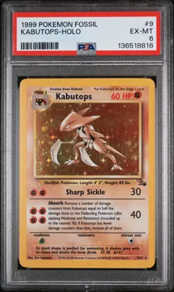 PSA 6 EX-MT Kabutops 9/62 Fossil Unlimited Holo 1999 Pokemon Card - Image 1