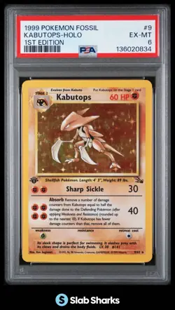 1999 POKEMON FOSSIL 1ST EDITION #9/62 KABUTOPS HOLO RARE PSA 6 - Image 1