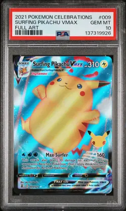 2021 POKEMON CELEBRATIONS #009 FULL ART/SURFING PIKACHU VMAX PSA 10 - Image 1