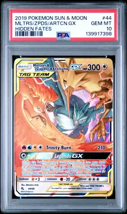 2019 POKEMON SUN & MOON HIDDEN FATES #44 MOLTRES & ZAPDOS & ARTICUNO GX PSA 10 - Image 1