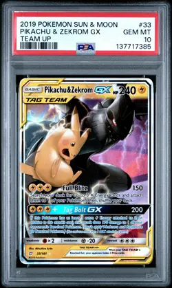 2019 POKEMON SUN & MOON TEAM UP #33 PIKACHU & ZEKROM GX PSA 10 - Image 1