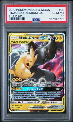 2019 POKEMON SUN & MOON TEAM UP #33 PIKACHU & ZEKROM GX PSA 10 - Image 1