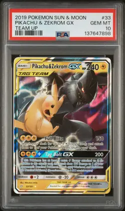 2019 POKEMON SUN & MOON TEAM UP #33 PIKACHU & ZEKROM GX PSA 10 - Image 1