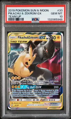 2019 POKEMON SUN & MOON TEAM UP #33 PIKACHU & ZEKROM GX PSA 10 - Image 1