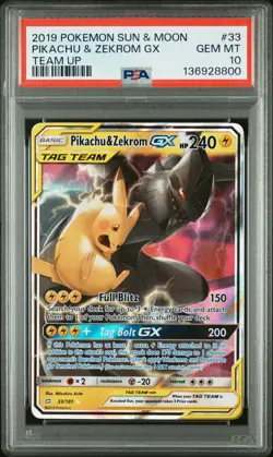 2019 POKEMON SUN & MOON TEAM UP #33 PIKACHU & ZEKROM GX PSA 10 - Image 1