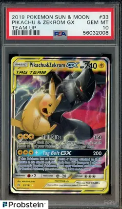 2019 POKEMON SUN & MOON TEAM UP #33 PIKACHU & ZEKROM GX PSA 10 GEM MINT - Image 1