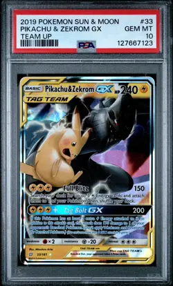 2019 POKEMON SUN & MOON TEAM UP #33 PIKACHU & ZEKROM GX PSA 10 - Image 1