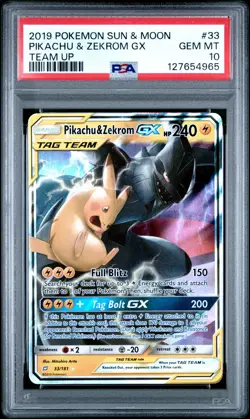 2019 POKEMON SUN & MOON TEAM UP #33 PIKACHU & ZEKROM GX PSA 10 - Image 1