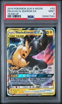 2019 POKEMON SUN & MOON TEAM UP #33 PIKACHU & ZEKROM GX PSA 9 - Image 1