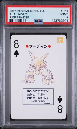 1996 POKEMON RED VERSION PLAYING CARDS 8 OF SPADES #065 ALAKAZAM PSA 9 - Image 1