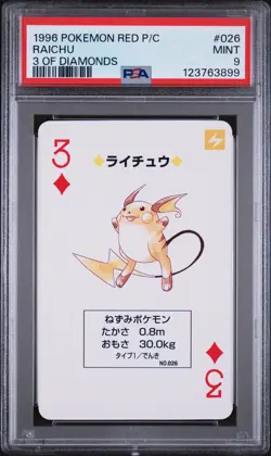 1996 POKEMON RED VERSION PLAYING CARDS 3 OF DIAMONDS #026 RAICHU PSA 9 - Image 1