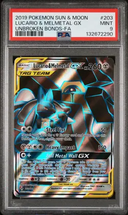 2019 POKEMON SUN & MOON UNBROKEN BONDS #203 FULL ART/LUCARIO & MELMETAL GX PSA 9 - Image 1